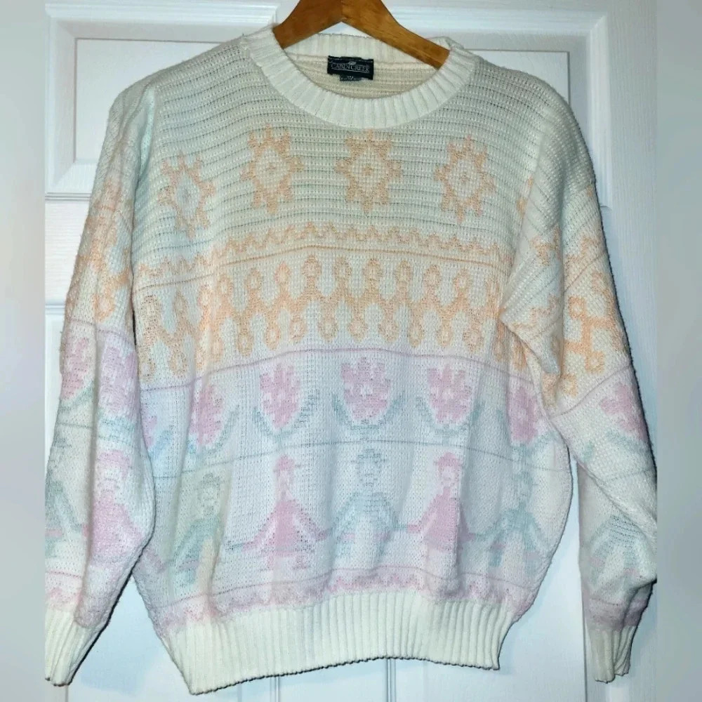 Vintage Cabin‎ Creek Sweater Crew Lightweight White Floral 80s 90s